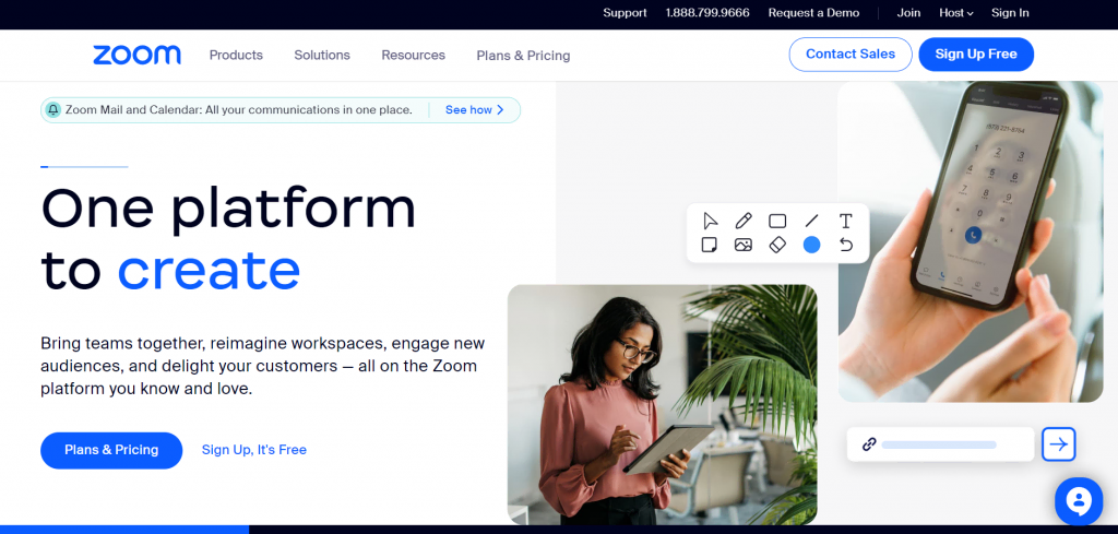 La page d'accueil de Zoom, une plate-forme de communication.