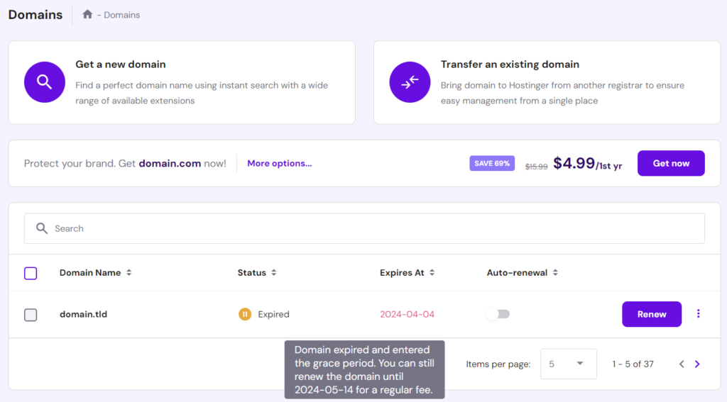 Tooltip explaining a domain has entered the grace period in hPanel