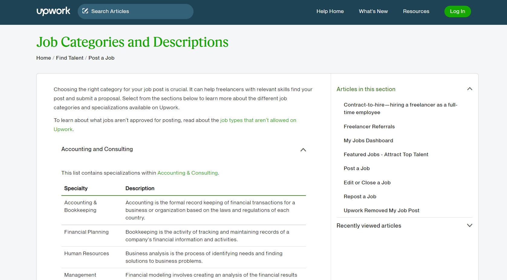 Upwork's job categories