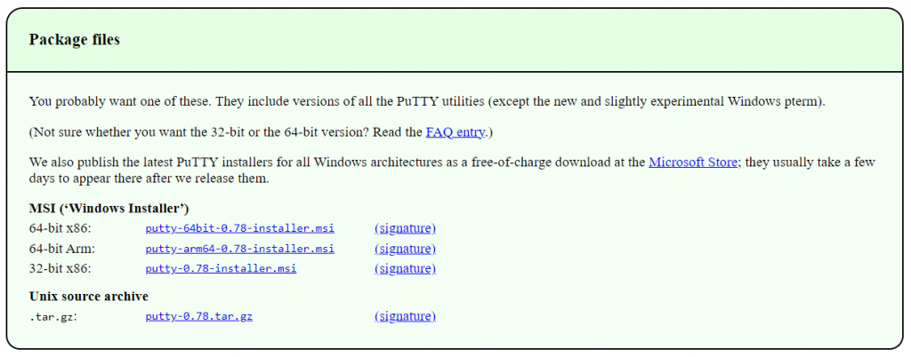 PuTTY package files download page