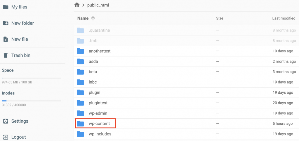 The wp-content folder in hPanel's File Manager