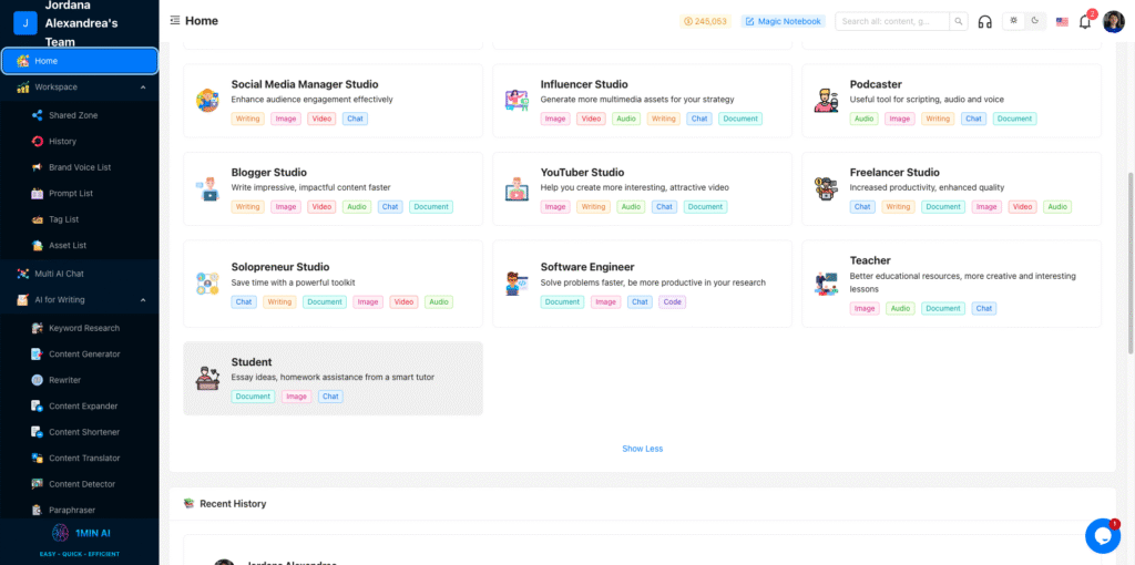 1minAI main dashboard