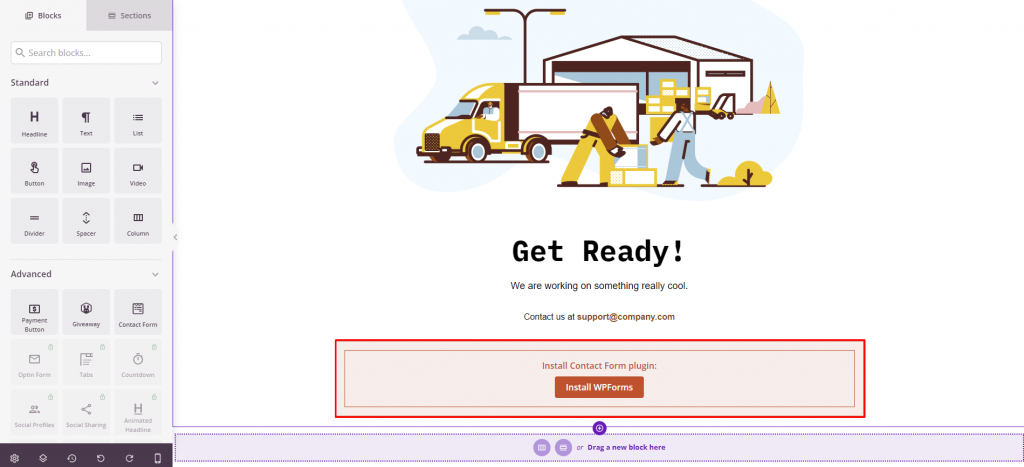 The SeedProd drag-and-drop editor with the WPForms block highlighted