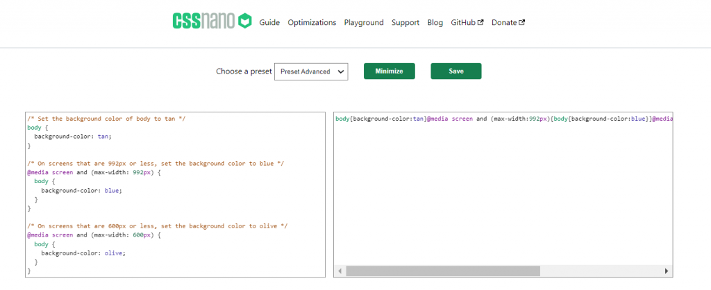 CSS code minified in CSSNano