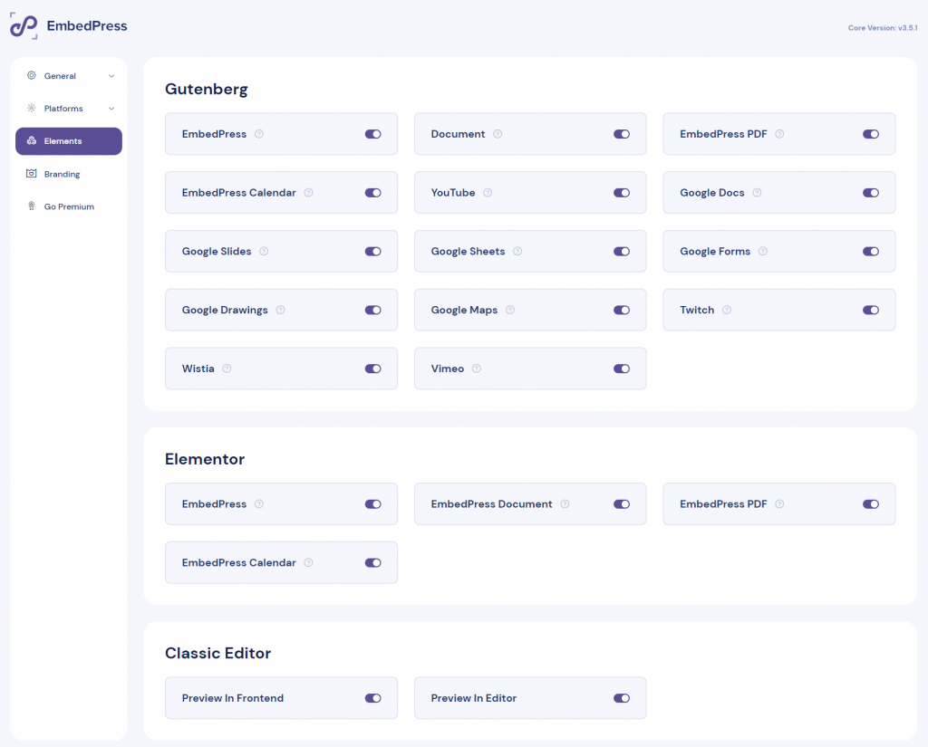 EmbedPress settings page with the Elements tab selected