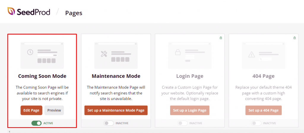 The SeedProd settings page with the Coming Soon Mode option highlighted
