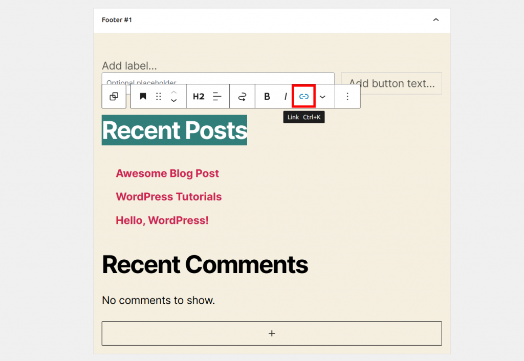 The Footer #1 widget area highlighting the link inserter button
