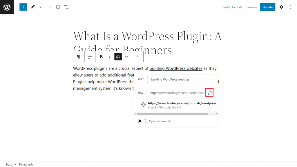 The Submit button on the Link inserter's pop-up window
