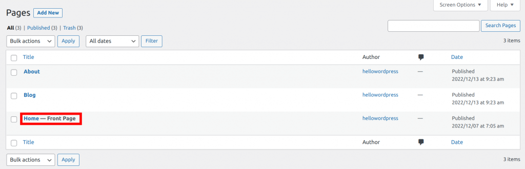 The WordPress Pages screen, with the front page selected