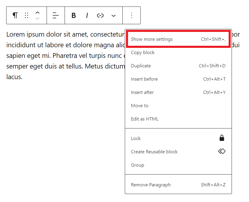 The WordPress Paragraph block, highlighting the Show more settings option from the block toolbar
