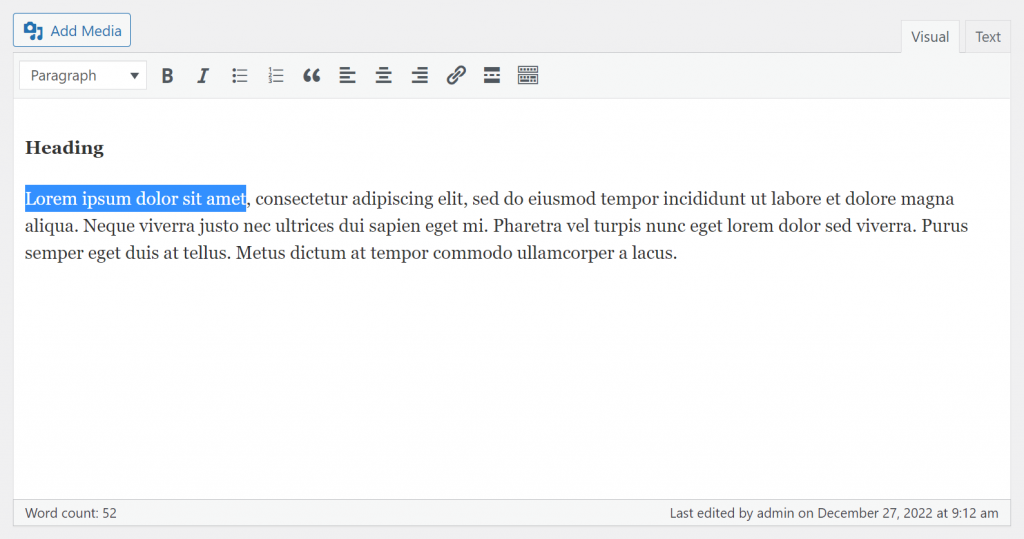 The WordPress classic editor showing the visual editor