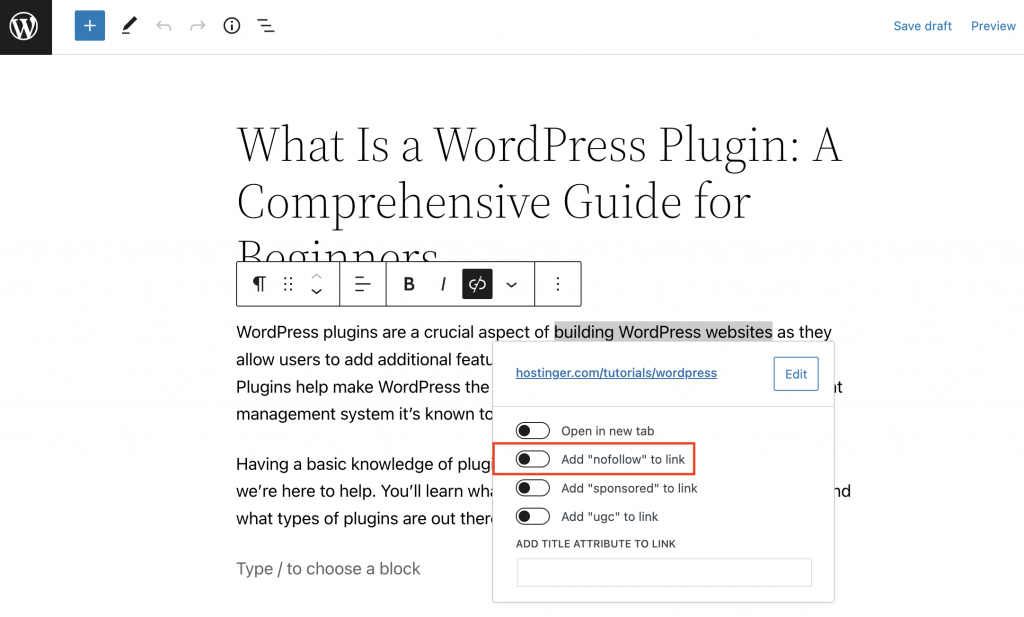 The nofollow attribute on the link options window