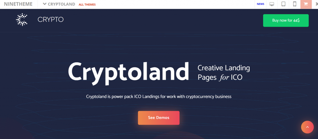 La page de prévisualisation de Cryptoland, un thème WordPress