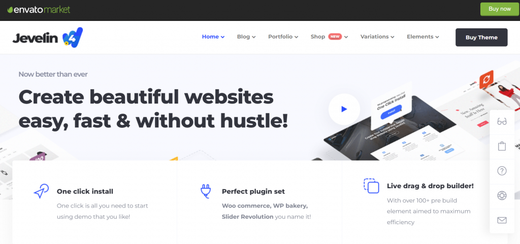 The preview page of Jevelin, a WordPress theme.