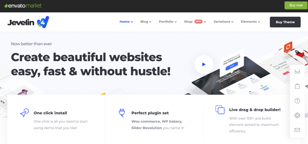 La page de prévisualisation de Jevelin, un thème WordPress.