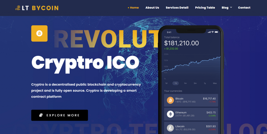 The preview page of LT ByCoin, a WordPress theme