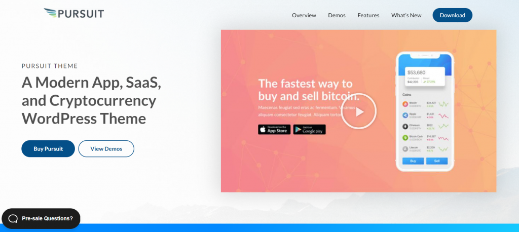 La page de prévisualisation de Pursuit, un thème WordPress.