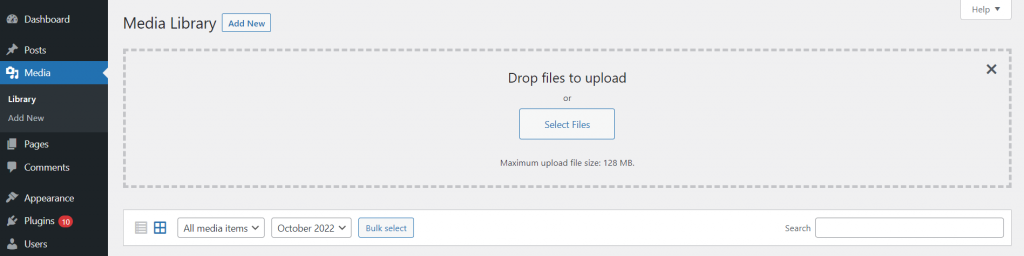 The Drop files to upload box in the WordPress Dashboard