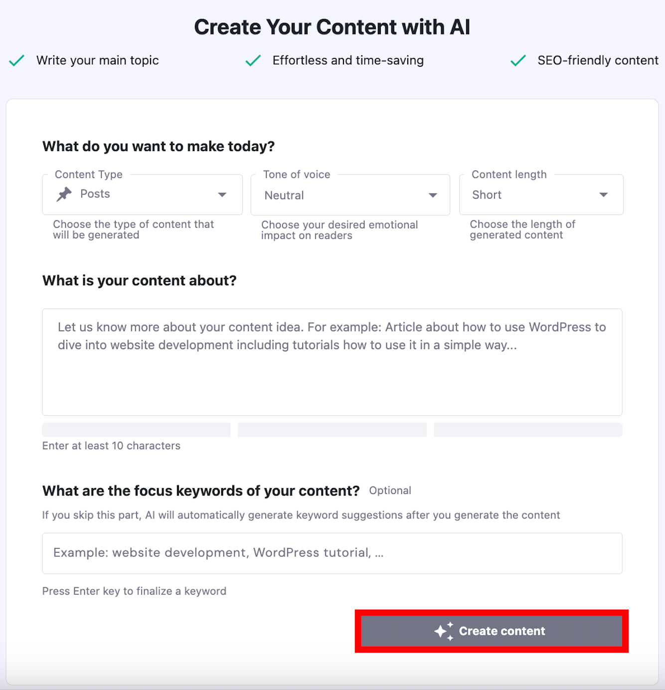 Hostinger's AI content creator screen