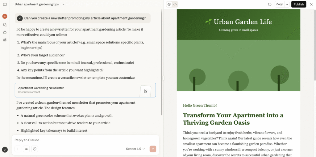 Claude chat interface with a section previewing HTML code