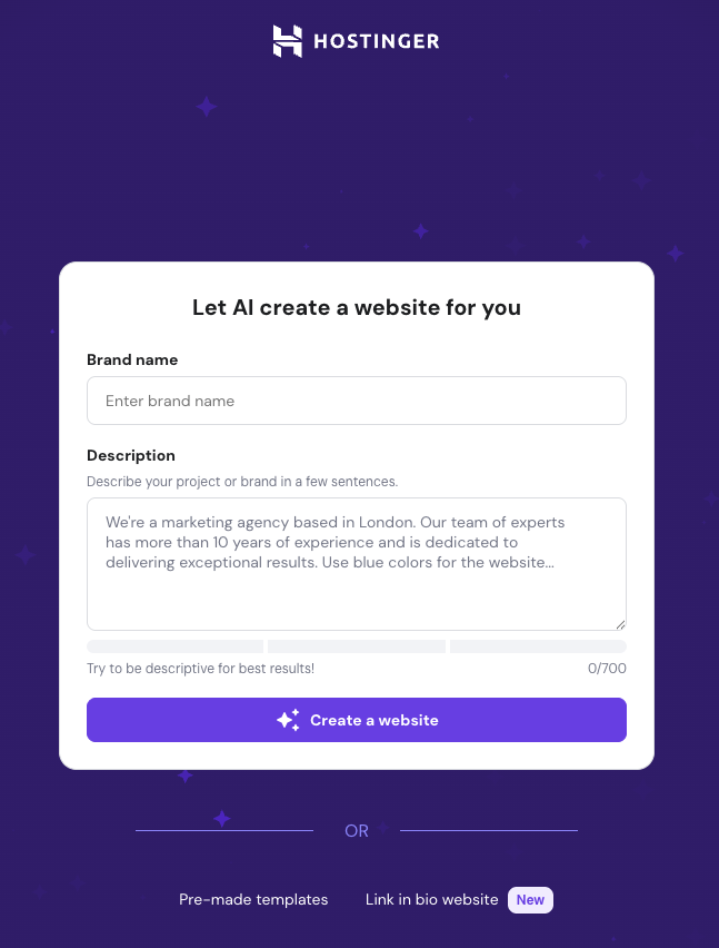 Hostinger AI onboarding popup for prompting