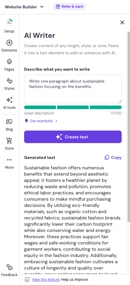 Hostinger editor showing the AI Writer interface