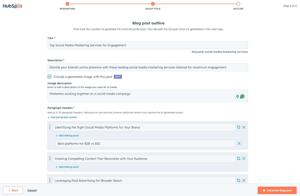 Breeze's blog post outline creation