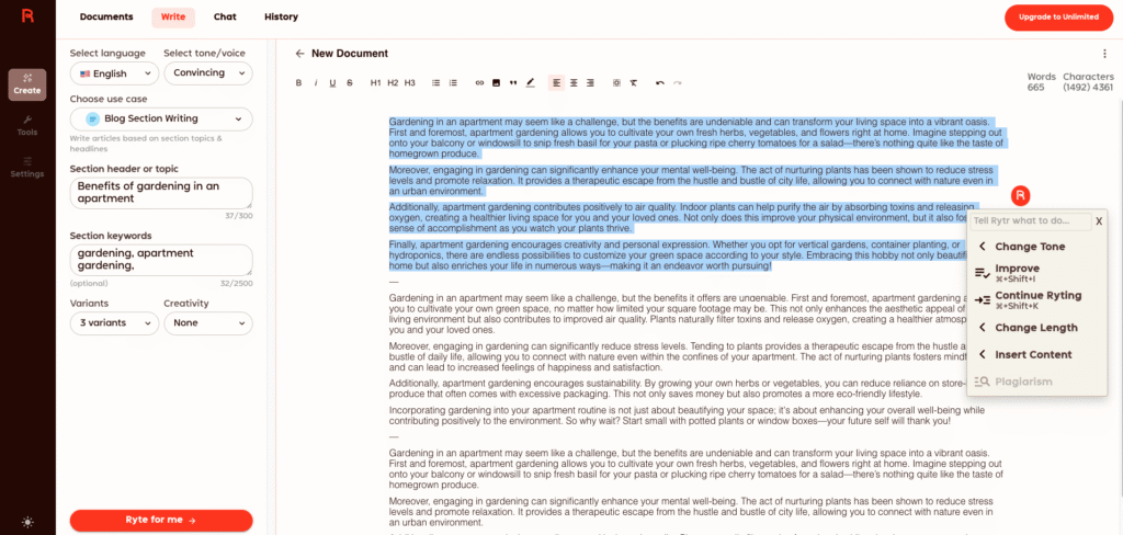 Rytr text editor with a popup toolbar
