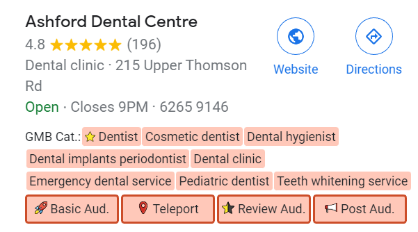 Ashford Dental Centre's business categories, as shown by the GMB Everywhere extension
