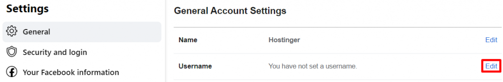 Facebook's General Account Setting under Settings with the Edit button highlighted