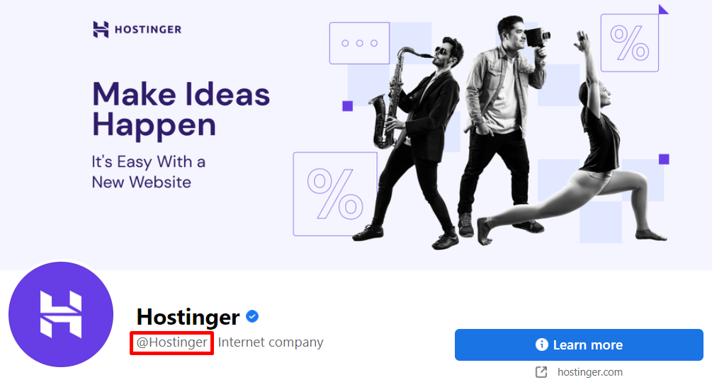 Hostinger's Facebook profile with the @Hostinger handle highlighted
