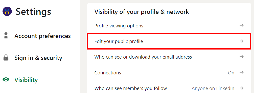LinkedIn's Visibility of your profile & network section with Edit your public profile highlighted