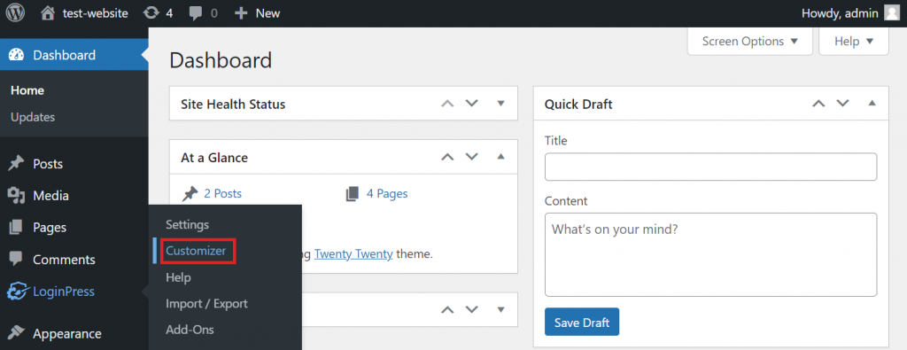 LoginPress' customizer menu in the WordPress sidebar