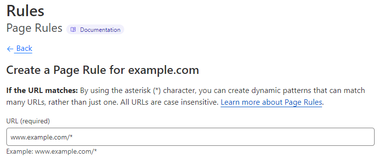 The Create a Page Rule tab on Cloudflare