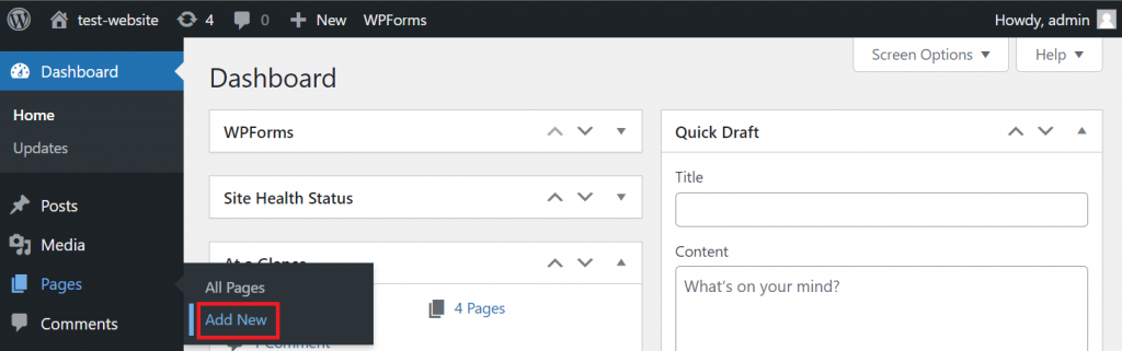 The add new page menu in the WordPress sidebar