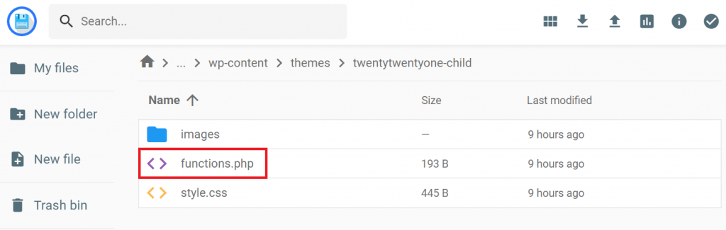 The functions.php file in the child theme folder