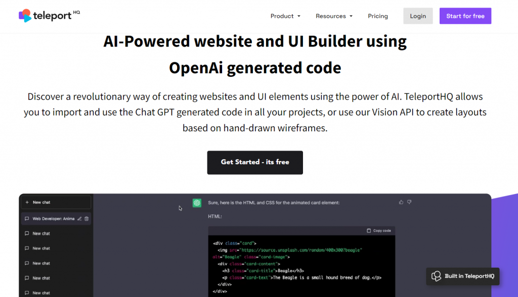 The landing page of TeleportHQ