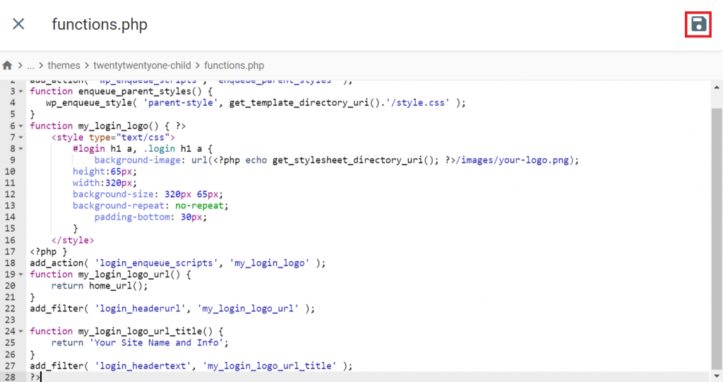 The save button in File Manager's code editor screen