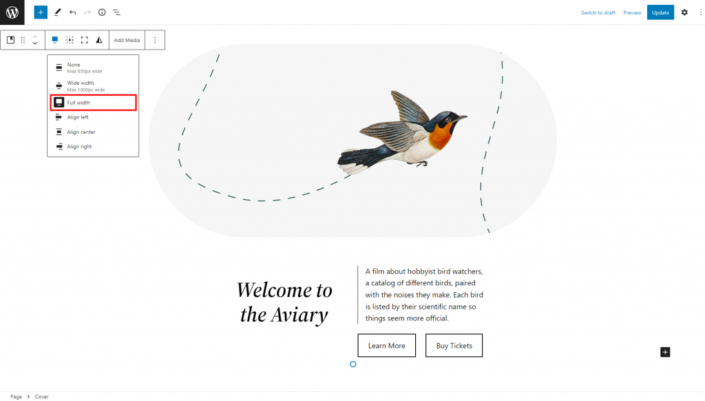 WordPress editor with the Full Width option highlighted