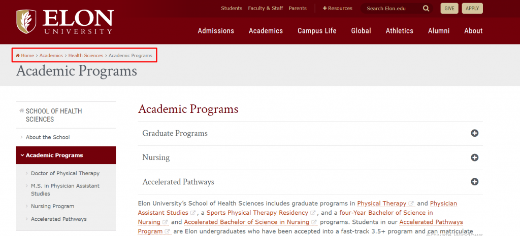 breadcrumb on Elon University website