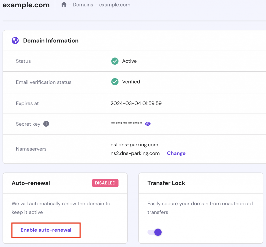 hPanel's Domains page, highlighting the auto-renewal feature