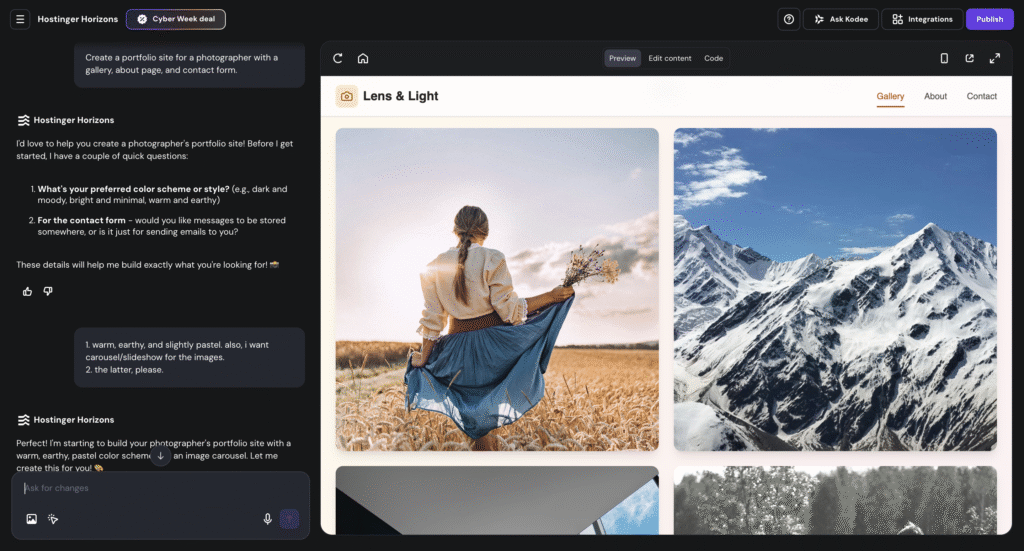 Hostinger Horizons' prompting and preview panes