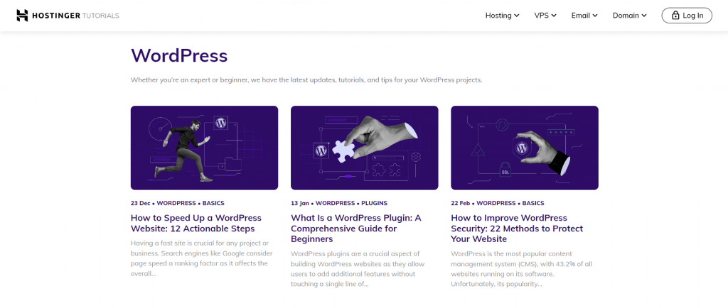 The Hostinger Tutorials page showcases a list of WordPress tutorials.