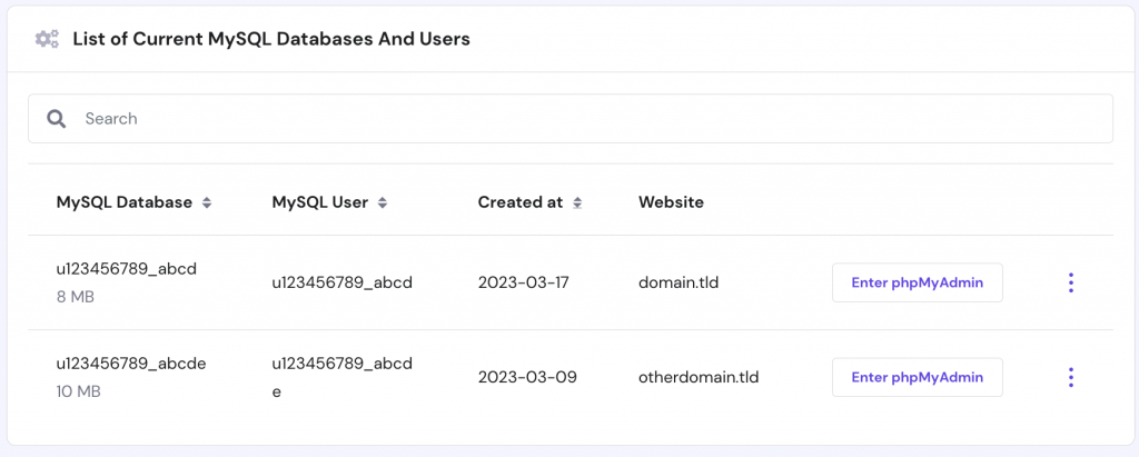 The list of currently created MySQL databases on hPanel