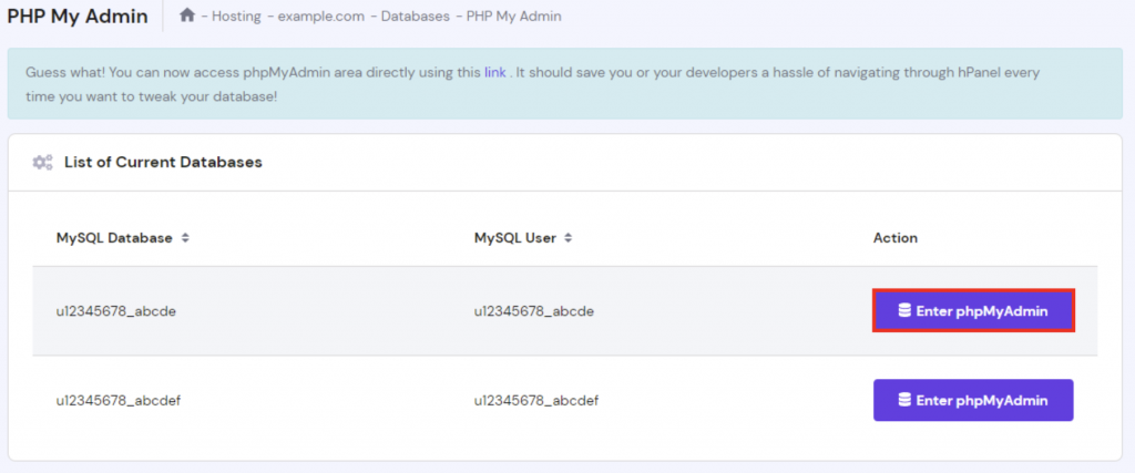 phpMyAdmin section on hPanel, red border is indicating a button to enter phpMyAdmin