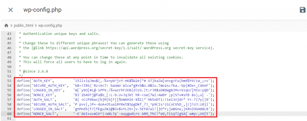 The new WordPress salts and security keys in the wp-config.php file