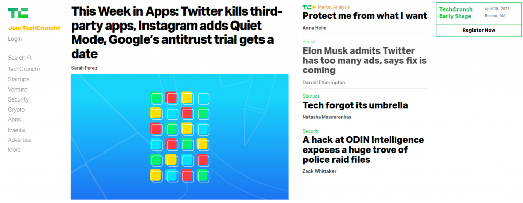 Tech Crunch website homepage