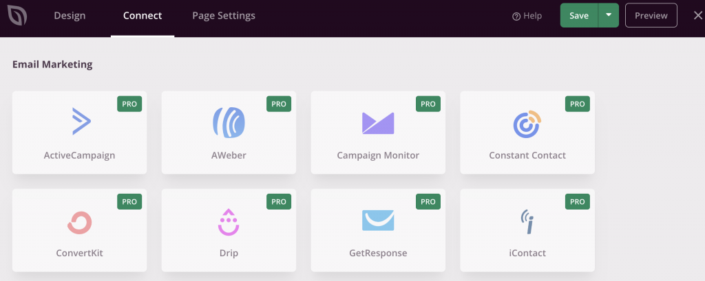 The Connect tab in SeedProd that allows you to integrate your landing page with email marketing services