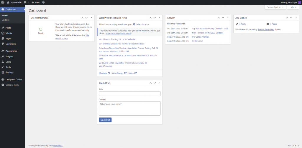The WordPress dashboard shows widgets and a left sidebar.