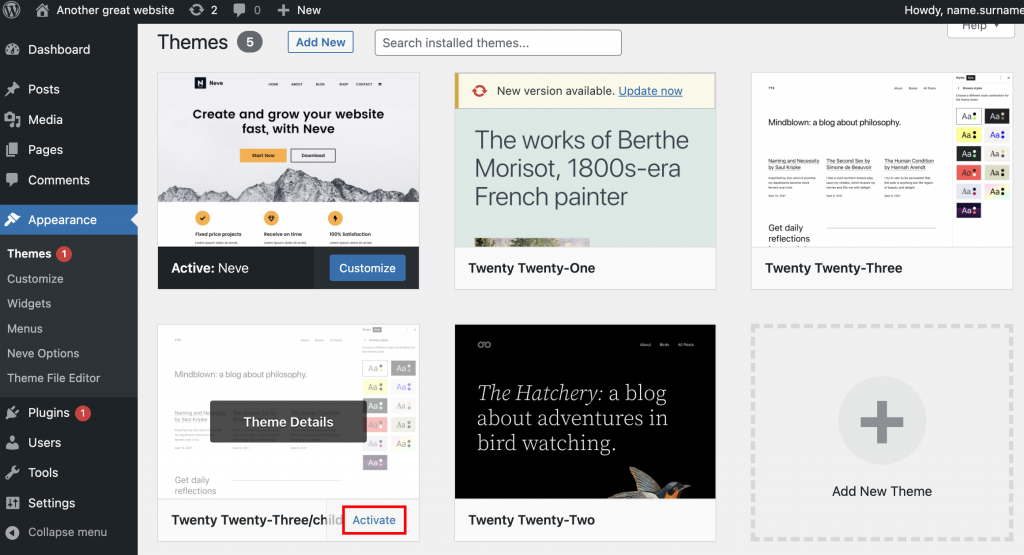 The WordPress themes menu where you can find your child theme and activate it